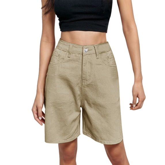 AJGRHE Bermuda Shorts for Women Knee Length High Waisted Cotton Elastic Waist Summer Dressy Casual Long Chino Shorts Khaki M