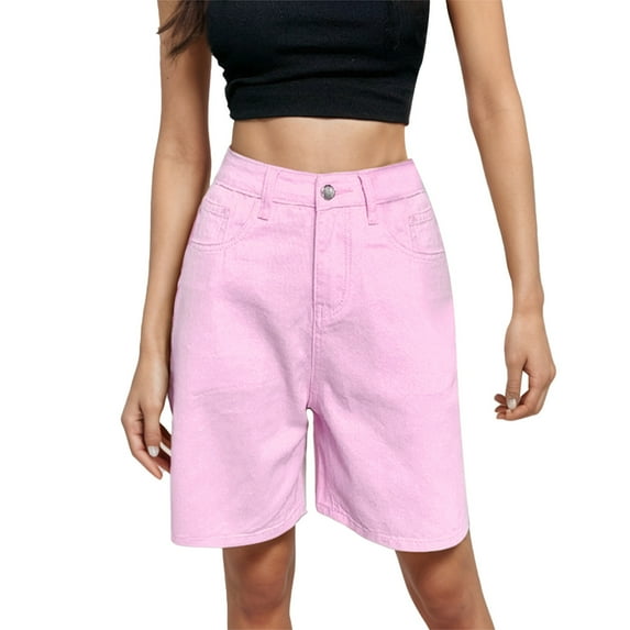 AJGRHE Bermuda Shorts for Women Knee Length High Waisted Cotton Elastic Waist Summer Dressy Casual Long Chino Shorts Pink S
