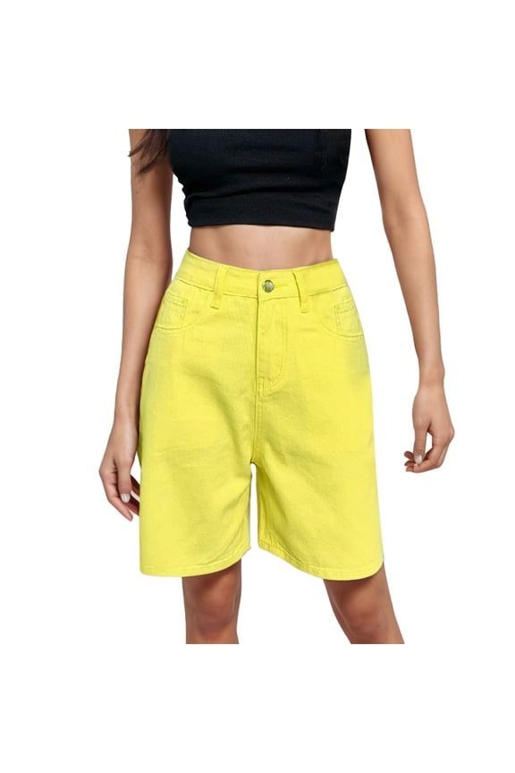Bermuda Shorts for Women Knee Length High Waisted Cotton Elastic Waist Summer Dressy Casual Long Chino Shorts Yellow L