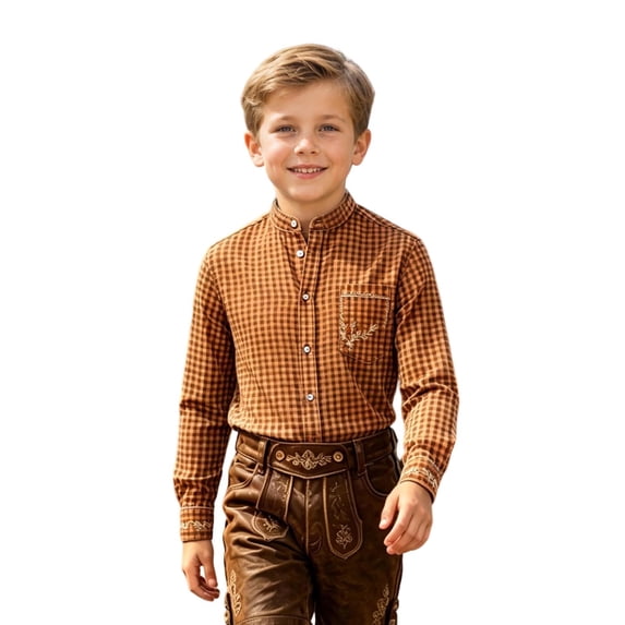 AJGRHE Boys Stand Collar Plaid Long Sleeve Button Down Shirt, Classic Embroidered Casual Top for Daily & Oktoberfest Party Orange1 5-6 Years