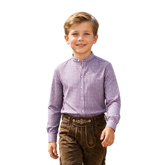 AJGRHE Boys Stand Collar Plaid Long Sleeve Button Down Shirt, Classic Embroidered Casual Top for Daily & Oktoberfest Party Purple1 13-14 Years