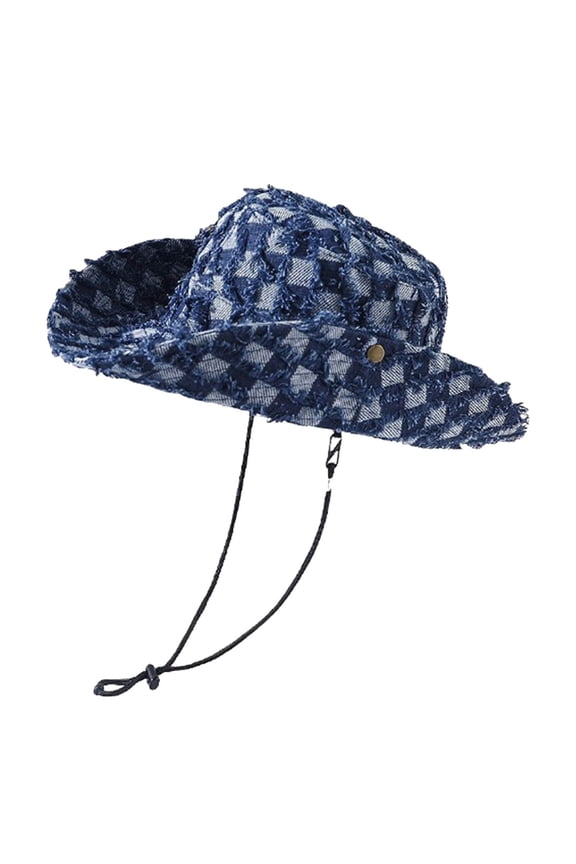 Bucket Hat for Women And Men Summer Outdoor Wide Brim Denim Sun Hat With Checkered Pattern Casual Unisex Fisherman Cap Dark Blue One Size