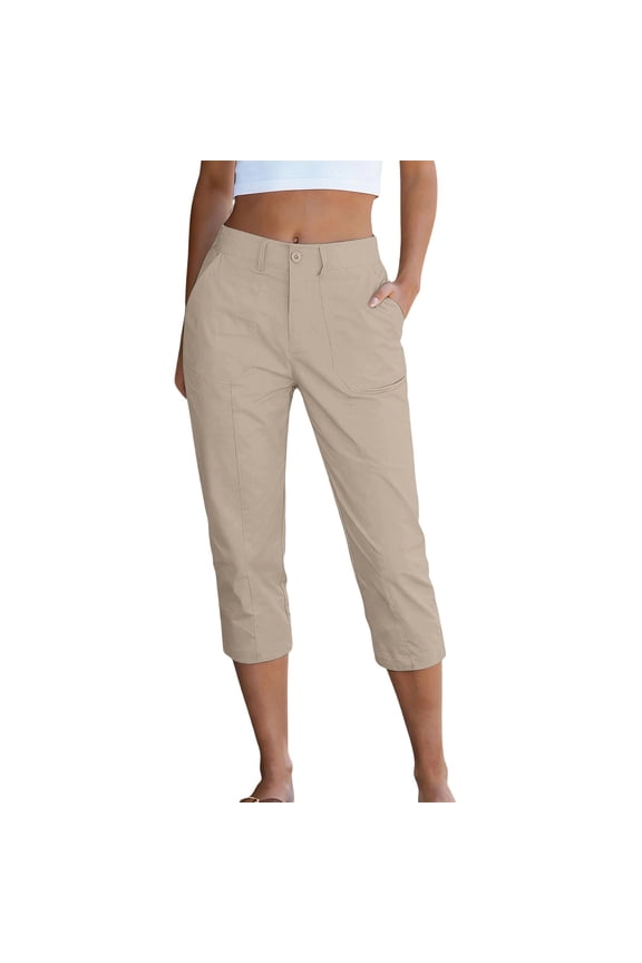 Capri Pants for Women High Waisted Relaxed Fit Elastic Waist Casual Capris Trousers Crop Chino Pants with Pocket Beige XXL