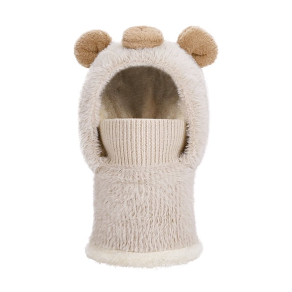 AJGRHE Cartoon Bear Face Scarf Neck Gaiter Integrated Winter Hat For Kids Boys Girls Outdoor Knitted With Ear Beige 4-13