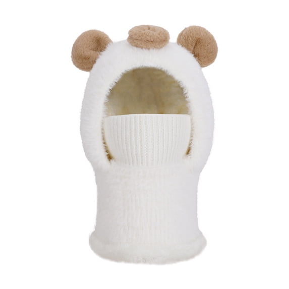 AJGRHE Cartoon Bear Face Scarf Neck Gaiter Integrated Winter Hat For Kids Boys Girls Outdoor Knitted With Ear White 4-13