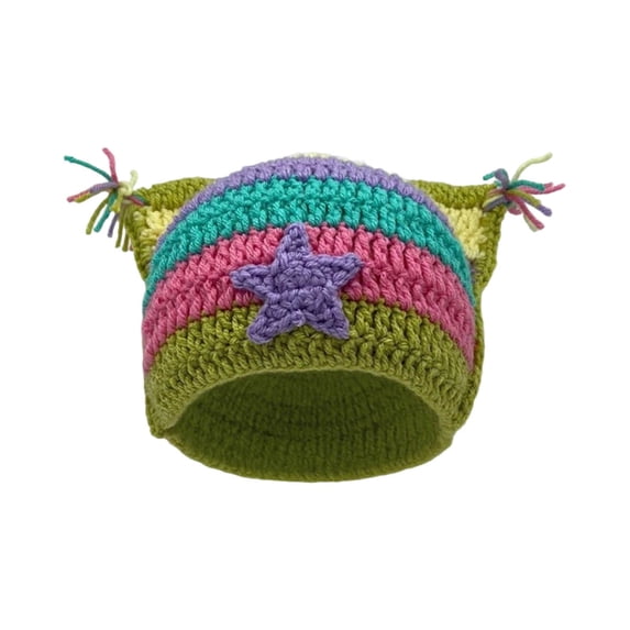 AJGRHE Cat Ear Beanie Y2K Hat, Star Cat Ear Cap For Adults Warm Hand Crocheted Ear Striped Wool Ear Cap Light Green One Size