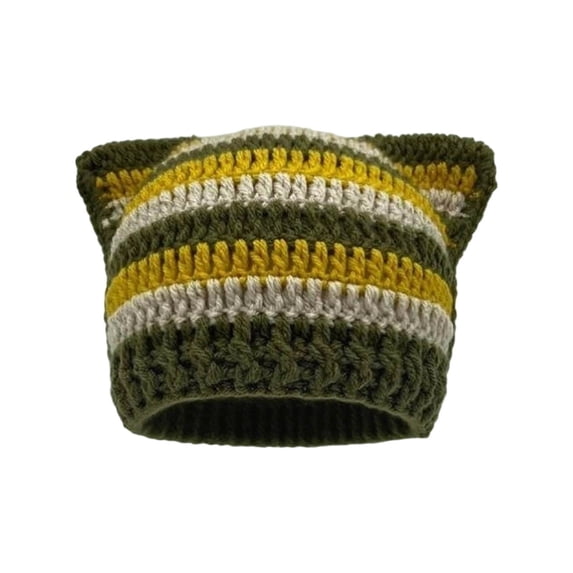 AJGRHE Cat Ear Beanie Y2K Hat, Star Cat Ear Cap For Adults Warm Hand Crocheted Ear Striped Wool Ear Cap Yellow One Size