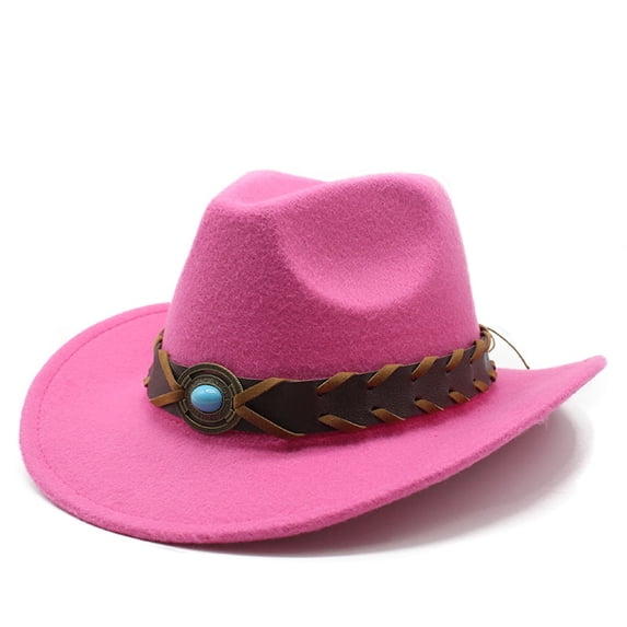 AJGRHE Classic Western Cowboy Hat Cowgirl Hat Unisex Men's & Women's Wide Brim Felt Fedora Hat Flat Top with Buckle Belt Hot Pink One Size