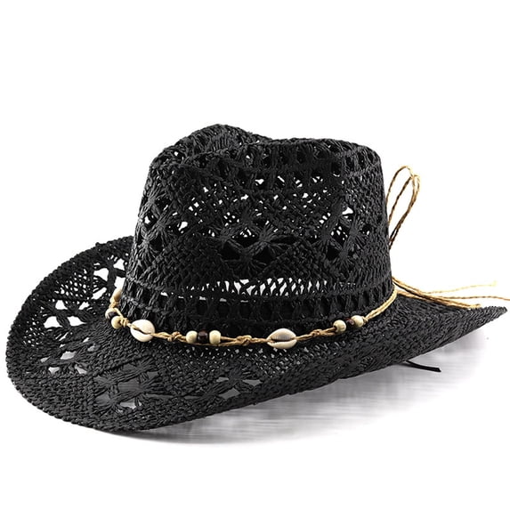 AJGRHE Cowboy Hats for Women and Men, Straw Cowgirl Hat with Wide Brim, Shapeable Brim and Adjustable Chin Strap Black One Size