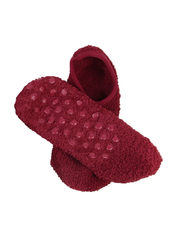 Cozy Winter Fuzzy Socks for Women With Grip Anti-Slip Fluffy Plush House Warm Ankle Socks Wine One Size