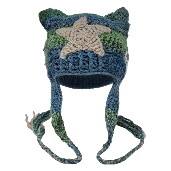 AJGRHE Crochet Hats for Women Cat Knit Hat with Pompoms Grunge Goth Accessories Slouchy Beanies for Women Girls Blue One Size