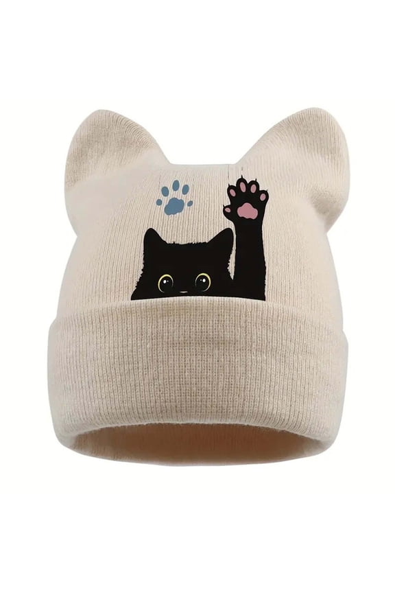 Cute Cat Embroidery Knitted Winter Hat With Ear Cozy Style For Cold Weather White One Size