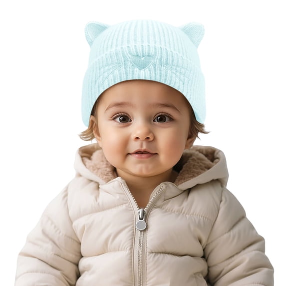 AJGRHE Cute Embroidered Cat Knit Hat For Kids Winter Warm With Ear Soft Yarn Cap For Cold Weather Sky Blue 0-6Months