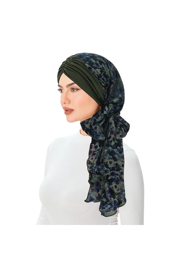 Elegant Chiffon Long Tail Headscarf Fashion Forehead Pleated Hijab Cap With Large Back Soft Stretchy Breathable - Heardband for Hijabi Women Daily Casual Use Army Green