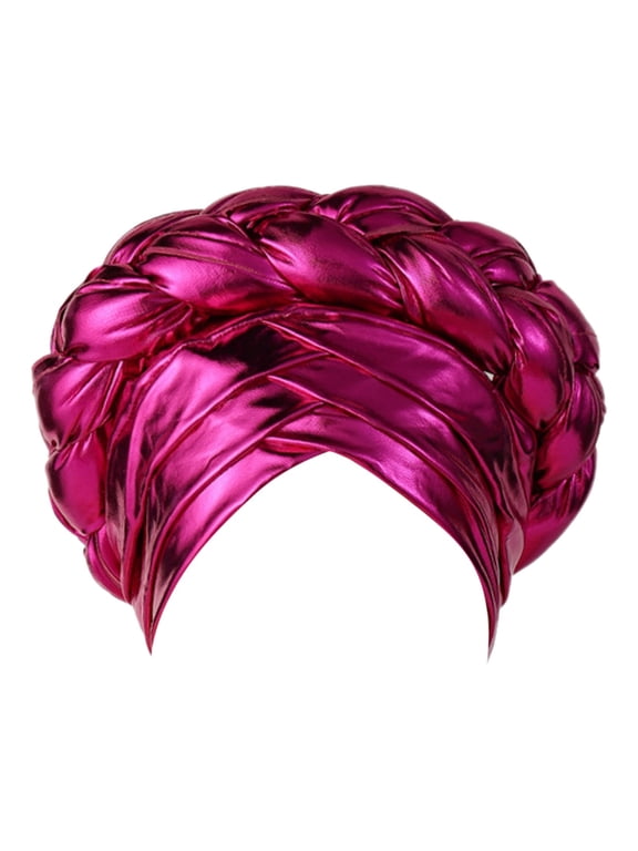 Fashion Women Beading Braid Hat Ruffle Cancer Wrap Cap Sleep Caps Satin Lined Hair Bonnets Hot Pink One Size