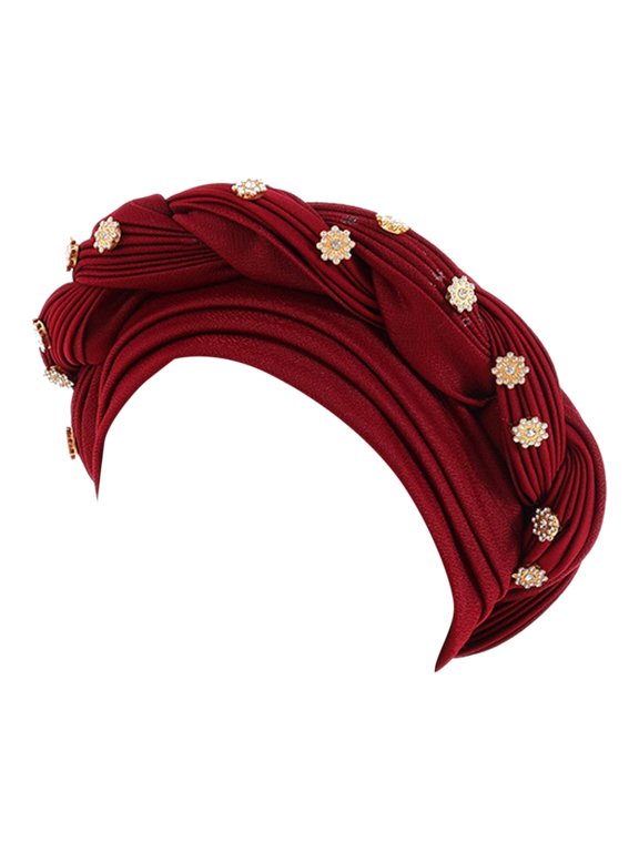 Fashion Women Beading Braid Hat Ruffle Cancer Wrap Cap Sleep Caps Satin Lined Hair Bonnets Red One Size