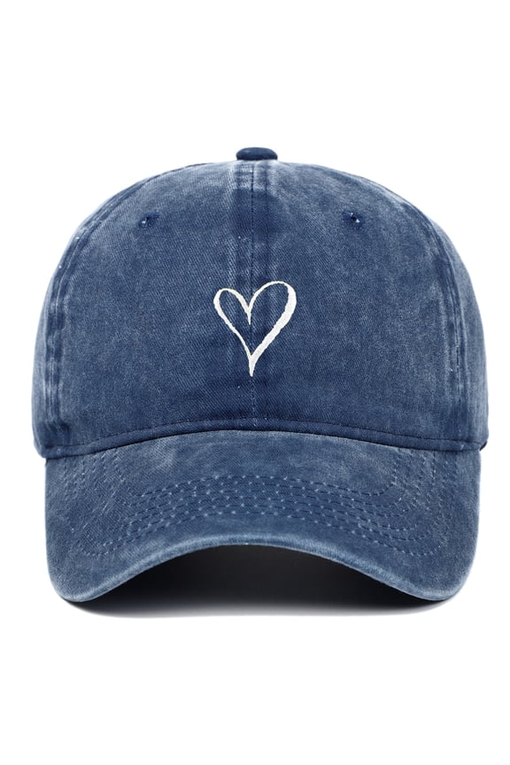 Fashionable Heart Embroidered Washed Baseball Cap Casual Sun Hat Adjustable Distressed Dad Cap for Outdoor Daily Wear Navy One Size