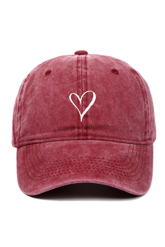 Fashionable Heart Embroidered Washed Baseball Cap Casual Sun Hat Adjustable Distressed Dad Cap for Outdoor Daily Wear Red One Size