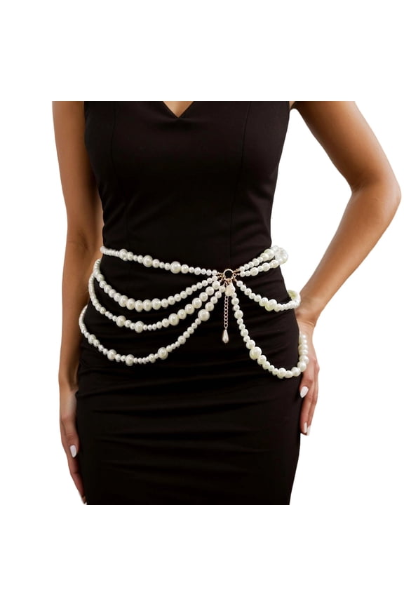 Fashionable Layered Pearl Tassel Side Chain Waist Belt for Women Elegant Daily Wear Accessory White One Size