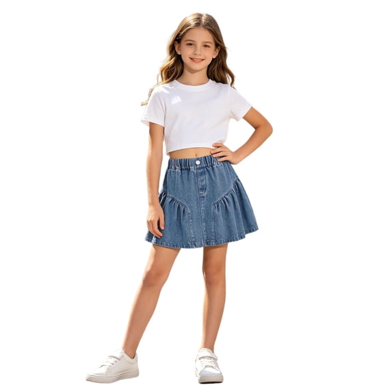 AJGRHE Girl's Denim Skirts Built-in Shorts Elastic Waist Mini Pleated Jean Skirts with Pockets Comfortable Fit Blue3 13-14 Years