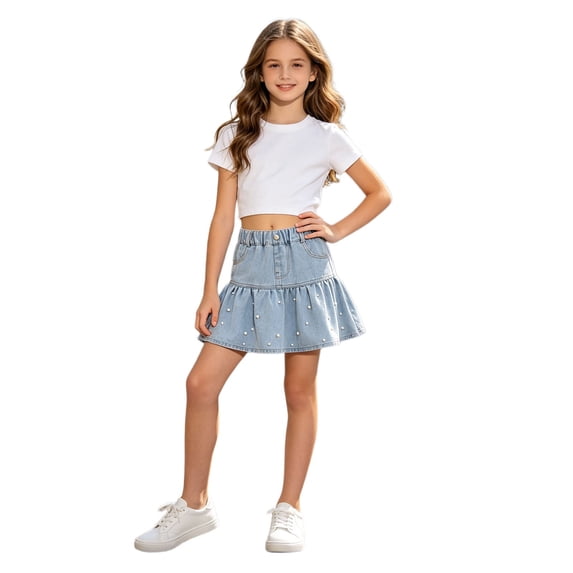 AJGRHE Girl's Pearl Rhinestone Ruffle Jean Skirt A Line Bodycon Summer Denim Skirts Elastic Waist Denim Skirts with Pockets for Kids School Daily Wear Blue2 11-12 Years