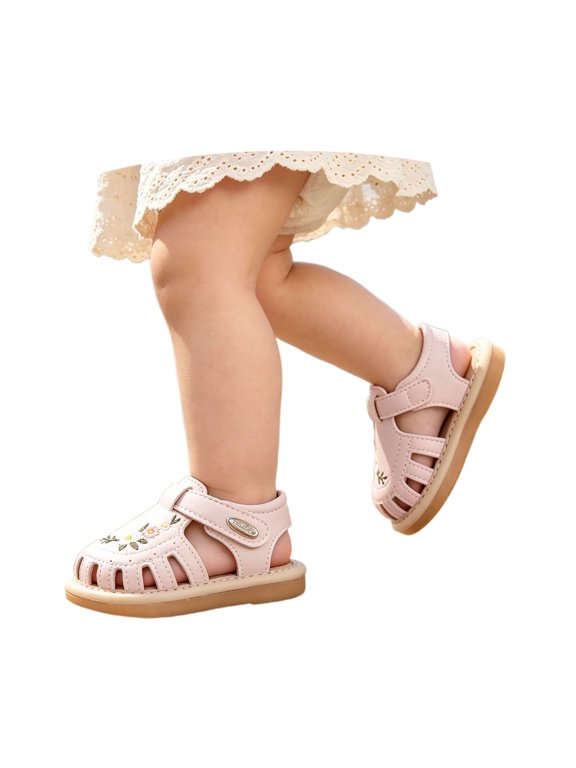 Girls Closed Toe Floral Embroidery Summer Sandals, Adjustable Strap Non- Soft Sole Breathable Walking Shoes Pink1 3-6 Months