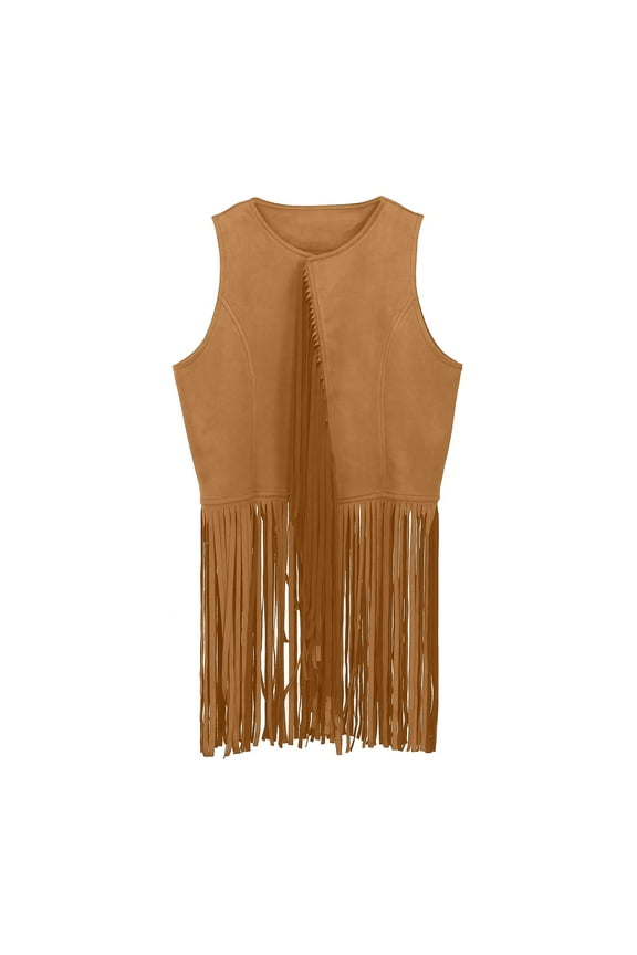 Girls Kids Fringe Vest Sleeveless Western Vest 60s 70s Hippie Suede Tassels Jacket for Autumn Holiday Parties 7-8 Years Khaki