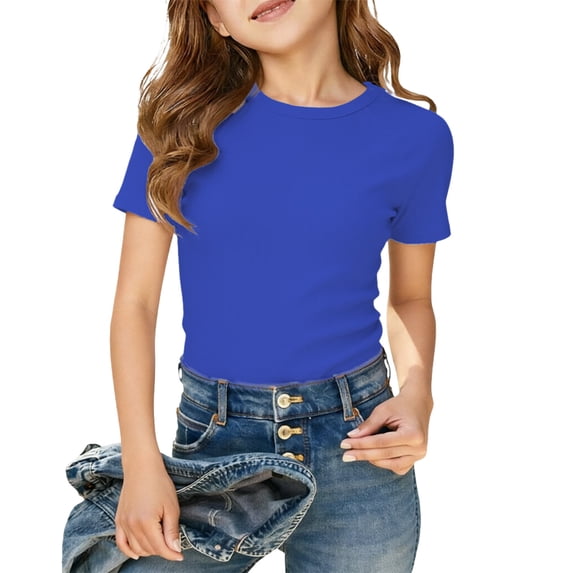 AJGRHE Girls Short Sleeve T Shirts Crew Neck Slim Fitted Ribbed Tops Stretchy Casual Cute Basic Tee Tops for Kids 9-10 Years Blue