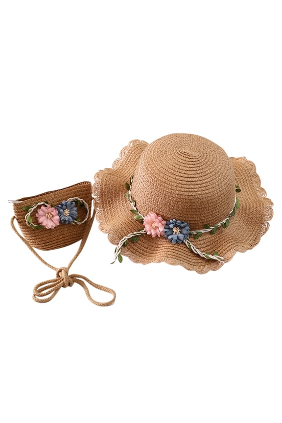 Girls Straw Hat Purse Bag Set Lace Brim Flowers Pearl Summer Beach Sun Hat Princess Shoulder Crossbody Bag Chin Strap Khaki One Size