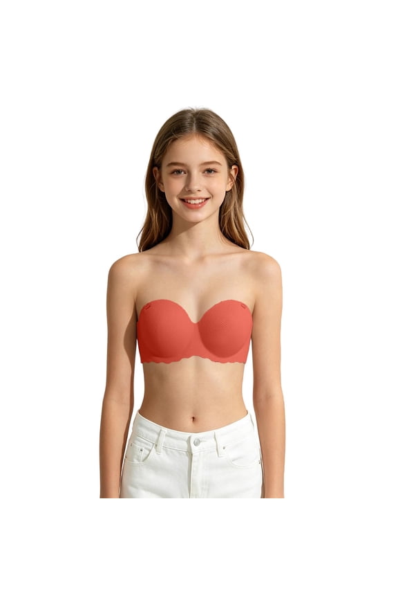 Girls' Wireless Strapless Bra, Soft Breathable Seamless Comfort Bralette for Daily Use Orange 32