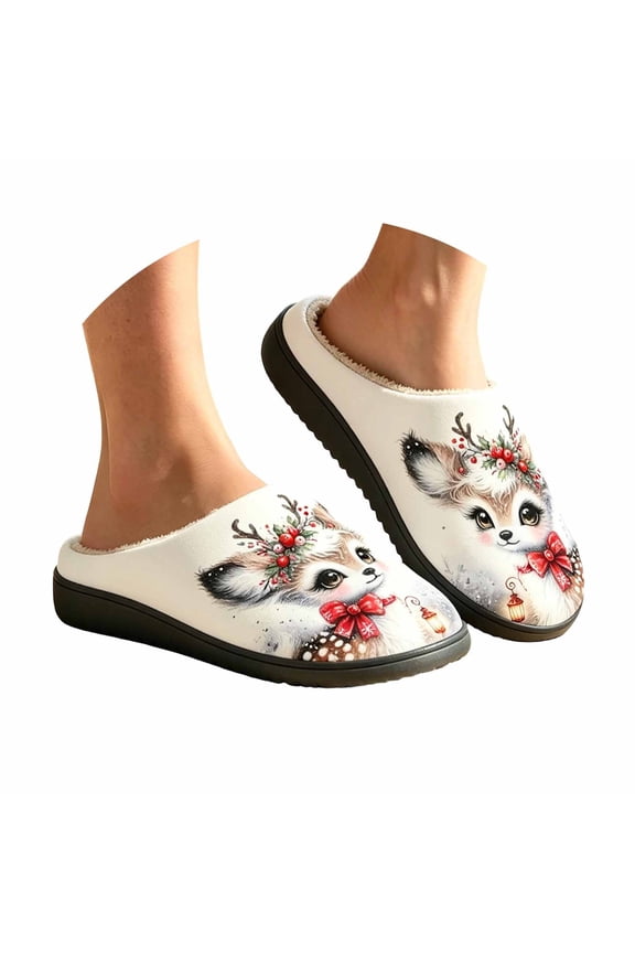 Halloween Slippers for Women Men Cozy Deer Print Women's Indoor Slippers Warm Non- Flat Heel -On Shoes For Casual Daily Wear Autumn Winter White 38-39
