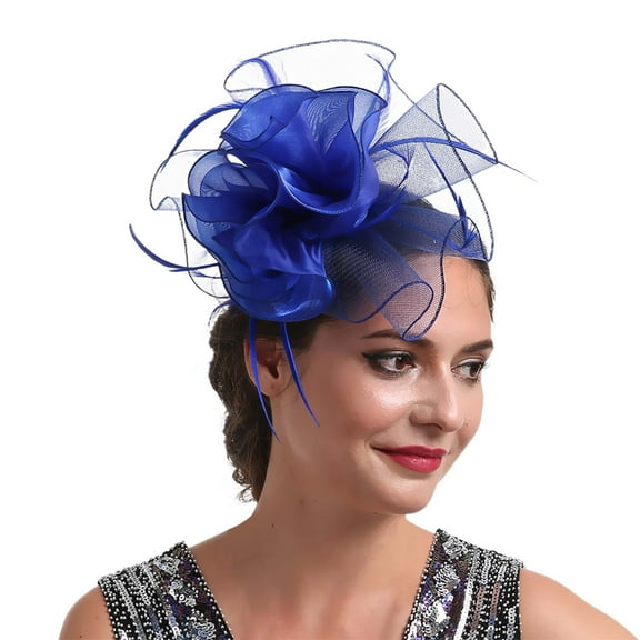 AJGRHE Handmade Exquisite Elegant Bridal Headband with Organdy Feather Fascinator Hair Mesh Lace Flower Ribbon for Wedding Tea Party Prom Garden Celebration Women Girls Blue