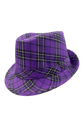 Jazz Style Purple Bowler Hat with Checkered Print Suitable For Party Carnival Performances Mardi Gras Fedora Hat, Plaid Party Hat for Men and Women Purple One Size