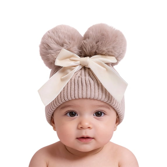 AJGRHE Kids Knitting Woolen Hat Winter Warm Double Pompom Beanie Cap with BowWinter Knitted Cap For And Toddlers With Thick Warm Soft Yarn For Cold Weather Beige 6-36 Month