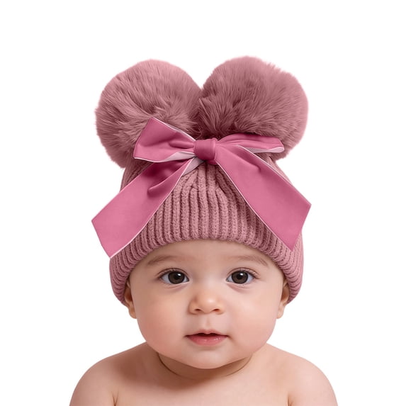 AJGRHE Kids Knitting Woolen Hat Winter Warm Double Pompom Beanie Cap with BowWinter Knitted Cap For And Toddlers With Thick Warm Soft Yarn For Cold Weather Pink 6-36 Month
