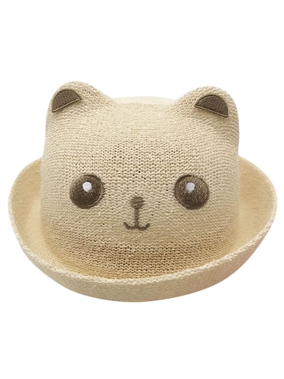Kids Summer Straw Hat Cartoon Cat Bucket Beach Sun Hat for Girls Boys Straw Baby Ear Floppy Drawstring Chin Strap 3-6 Years Sun Hat for Girls Boys Beige XL