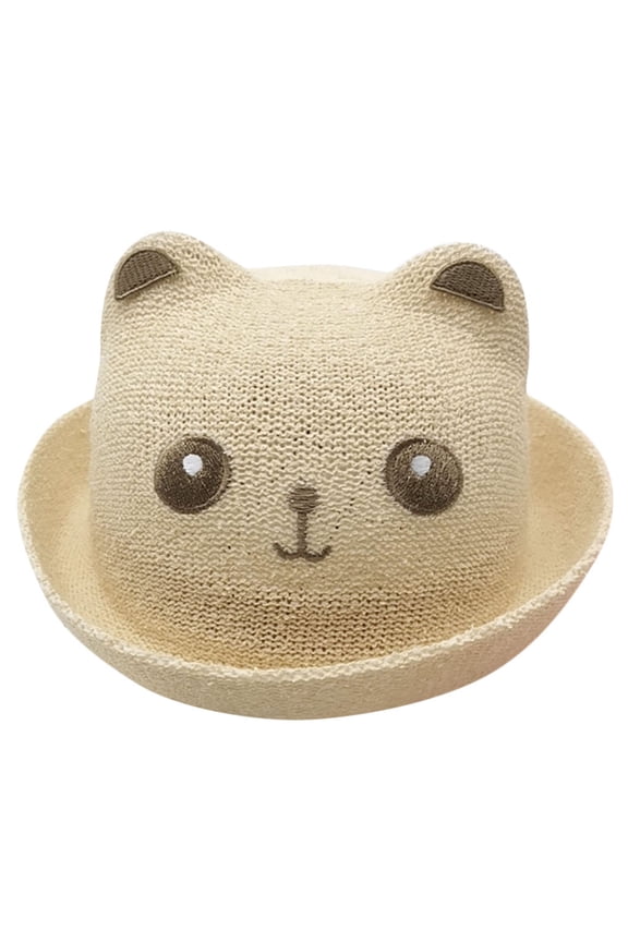Kids Summer Straw Hat Cartoon Cat Bucket Beach Sun Hat for Girls Boys Straw Baby Ear Floppy Drawstring Chin Strap 3-6 Years Sun Hat for Girls Boys Beige XL