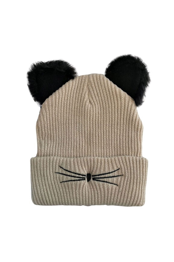 Kitty Ear Knit Hat Embroidered Cute Fall Winter Warm Pullover Style Earflap for Women Men Beige One Size