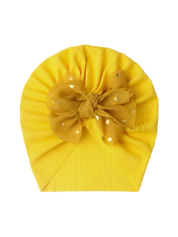 Knitted Baby Hat With Bow Lightweight Layered Headwear For Toddlers Soft Comfortable Cap Yellow 0-36 Months