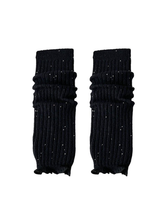 Leg Warmers for Women Knit Ruffle Leg Warmer Winter 80s with Sequins Cozy Ribbed Winter Leg Sleeves for Boots, Cold Weather Elegant Solid Thermal Knee High Socks Black One Size
