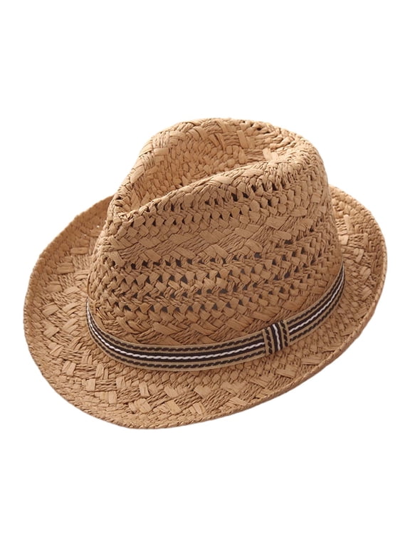 Men Women Fashionable Sun Hat Beach Striped Patchwork Jazz Adults Classic Straw Fedora Panama Cuban Summer Outdoor Khaki One Size