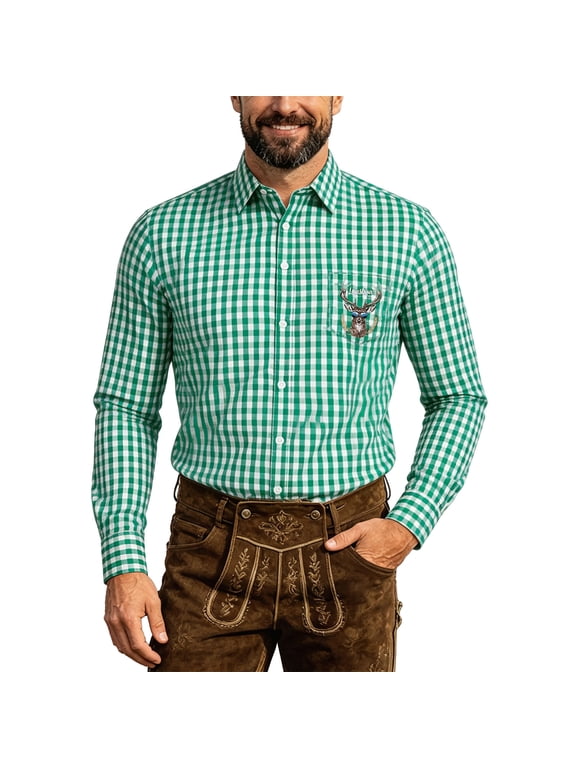 Men's Oktoberfest Long Sleeve Button Down Shirt with Embroidered Detail, Gingham Check Pattern Chest Pocket Regular Fit Breathable Festival Shirt Green4 L