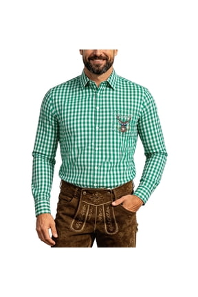 Men's Oktoberfest Long Sleeve Button Down Shirt with Embroidered Detail, Gingham Check Pattern Chest Pocket Regular Fit Breathable Festival Shirt Green4 L