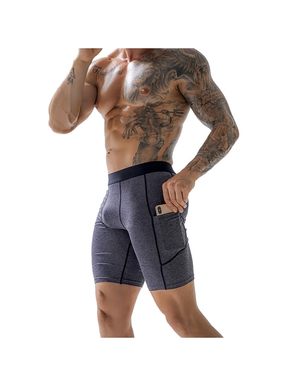 Men's Summer High Waist Tight Gym Pants Elastic Leggings Basketball Side Pocket Tights Workout Bottoms B M