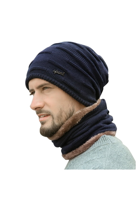 Men's Winter Knitted Windproof Hood Scarf Coif Winter Knit Hat Warm Hats For Men Navy One Size