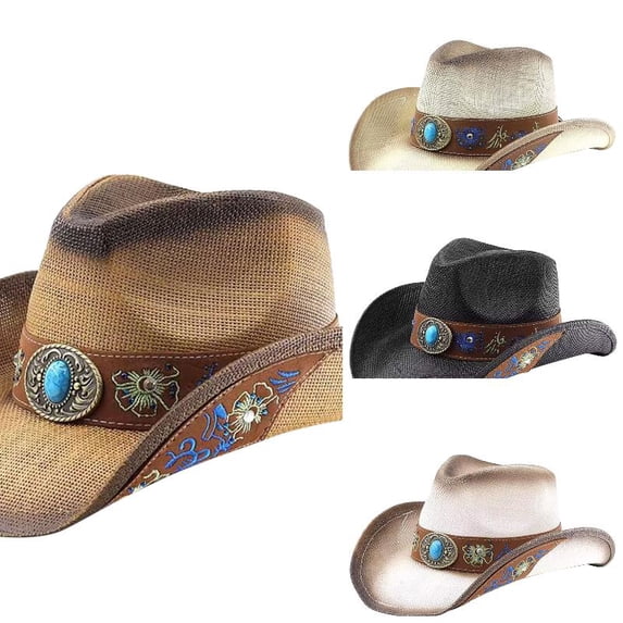 AJGRHE Men's Women's Straw Cowboy Hat Cowgirl Woven Sun Hat Western Cowboy Hat Two Decorative Bands Khaki M