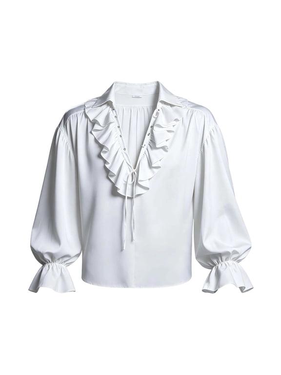 Mens Pirate Shirt Renaissance Victorian Blouse Vampire Top with Ruffled Collar White XL