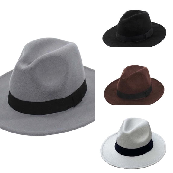 AJGRHE Mens Wool Fedora Hat with Band Classic Wide Brim Fedora Hat for Men Women Panama Dress Hat Grey One Size