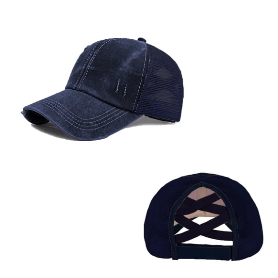 AJGRHE Ponytail Baseball Cap Mesh Washed Distressed Dad Hat Trucker For Women Daily Navy A
