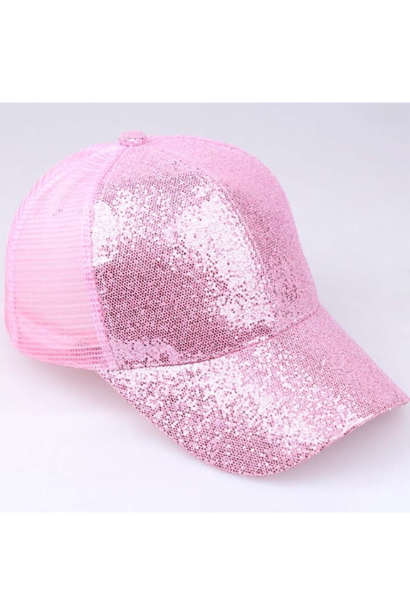 Shiny Sequins Messy Bun Snapback Cap for Women Girls Baseball Ponytail Sun Hat Pink 54